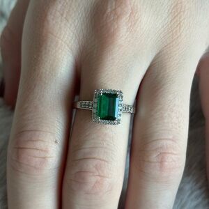 Sterling Silver Pave White Sapphire & Lab Green Emerald Ring Size 9
